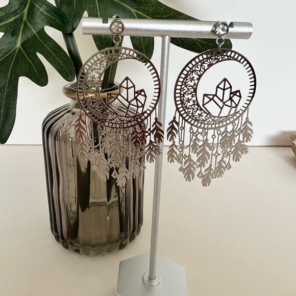 Moon Dream Catcher Silver Dangle Earrings -Silver Witchy Chic Celestial Earrings - Picture 9 of 10